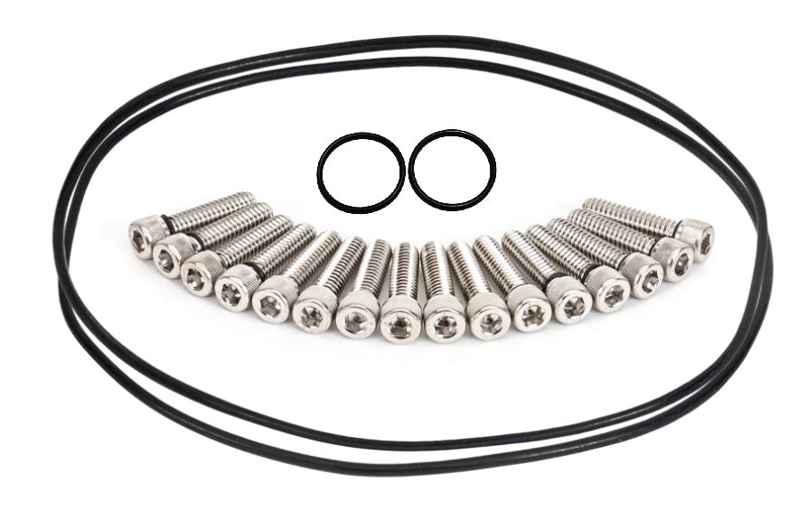 A hardware kit containing a set of silver stainless steel screws, two black rubber O-rings, and two black loops, arranged on a plain white background.