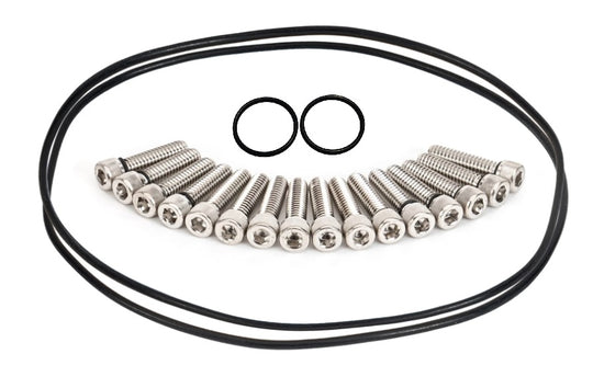 A hardware kit containing a set of silver stainless steel screws, two black rubber O-rings, and two black loops, arranged on a plain white background.