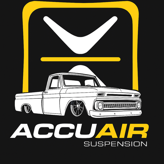 AccuAir Suspension logo with a truck illustration on a black background