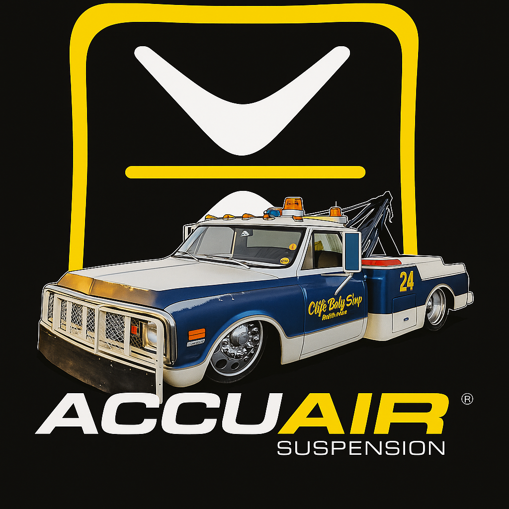 Vintage truck with ACCUAIR Suspension branding on a black background